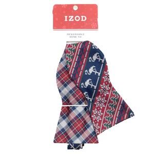 Izod Reversible Self Tie Adjustable Red Plaid Christmas 100% Silk Bow Tie